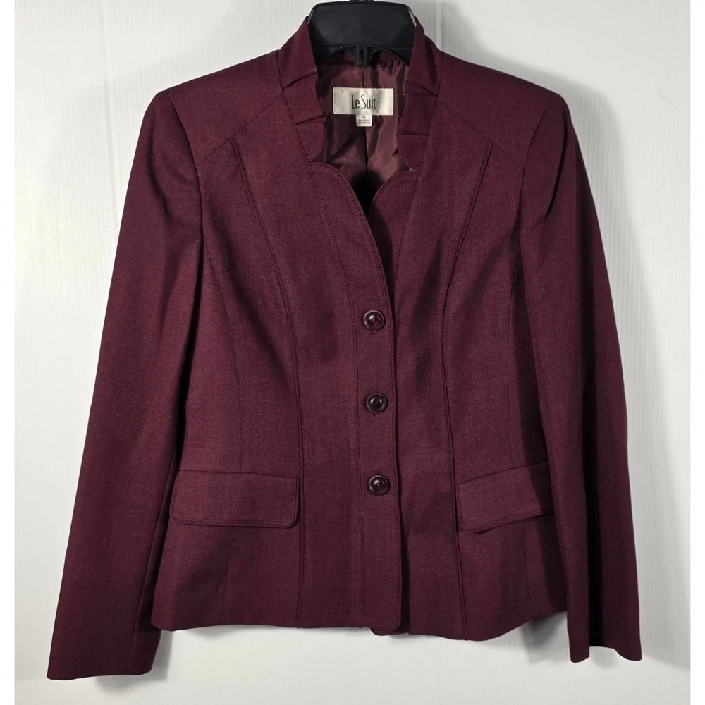 Le Suit Womens Burgundy  Collar Scalloped Blazer Jacket Size 6 Plum Professional